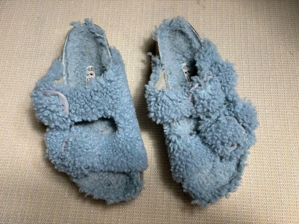 Papillio Slippers Shoes Womens Size 9 Blue Fuzzy Shearling Slide Cork Sole